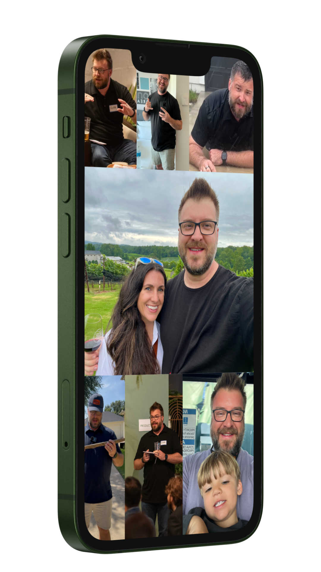 A personal photo collage of John speaking, working, and spending time with his family